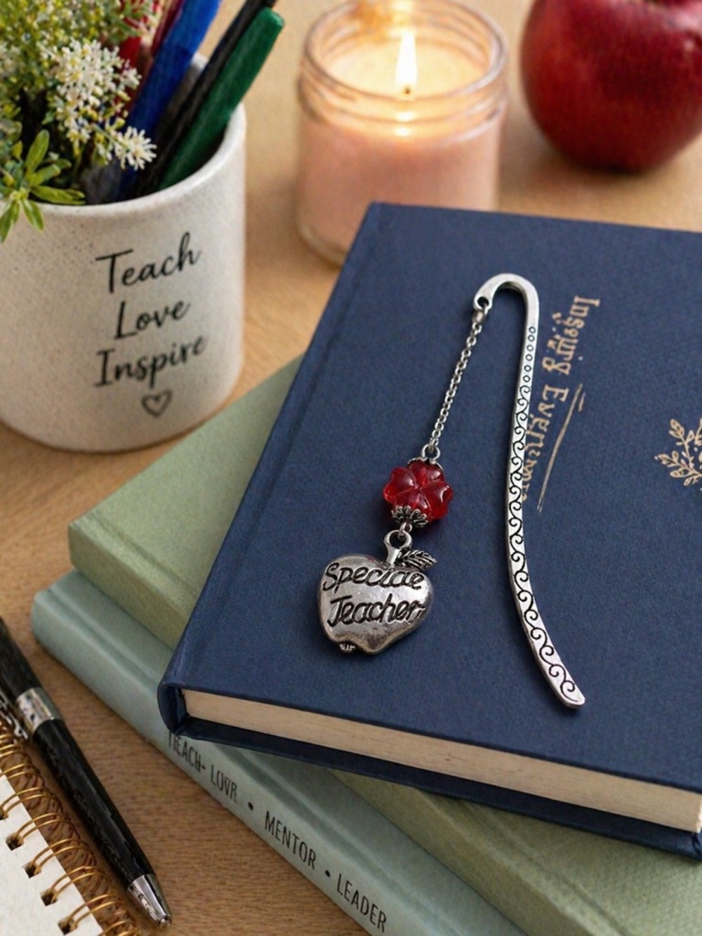 Teacher Bookmark Gift Apple Charm Red Flower Bead Book Lover Gift